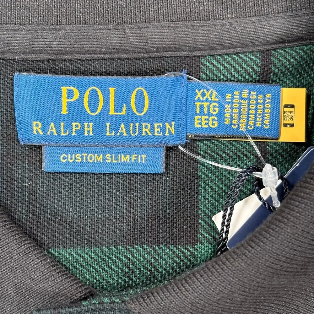 Polo Ralph Lauren Polo Shirt Mens XXL Green Black Plaid Tartan Slim Fit Pony NWT